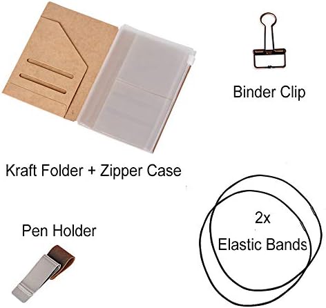 Passport Size Travelers Notebook Accessories Kit - Kraft File Folder, Zipper Case, Pen Holder, Binder Clip and 2 Elastic Bands