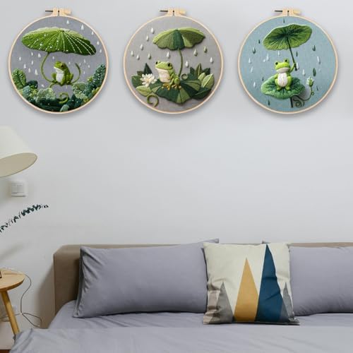 FONNUY Embroidery Kit for Beginners - Frog Under Lotus Leaf DIY Cross Stitch Set, Pre-Printed Fabric with 8’’ Hoop, Cute Rainy Day Art Craft for Adults, Home Decor & Handmade Gift (Green 01)