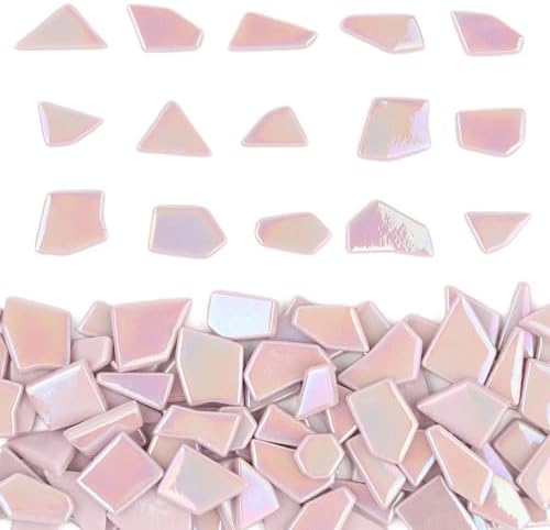 Youway Style Iridescent Glass Mosaic Tiles for Crafts Bulk,200g Pink Broken Mosaic Glass Pieces for Garden Crafts Kits,DIY Mosaic Art Decor