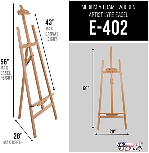 U.S. Art Supply 56" High Medium A-Frame Wood Easel, Lyre Style Studio Easel