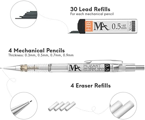 MozArt Mechanical Pencil Set 4 Sizes 0.3 0.5 0.7 0.9mm HB Lead Clear
