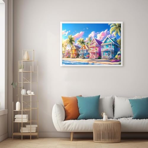 GEWOUVIN Beach House Diamond Art Kits for Adults,Diamond Painting Kits for Adults Beginners, DIY Full 5D Round Drill Gem Art Kits for Gift Home Wall Decor【15.7x11.8inch】