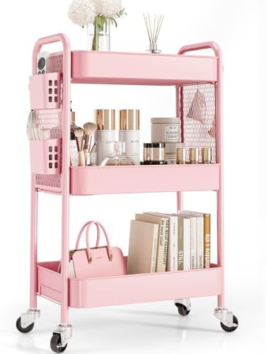 TOOLF 3 Tier Rolling Cart Storage Organizer, Metal Rolling Utility Cart with Wheels, Hooks & Bins Esthetician Craft Art Sturdy Storage with Pegboard for Bathroom, Kitchen, Office, Nursery Diaper