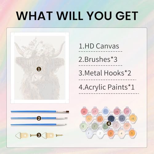 Amaieuin Highlan Cow Paint by Number Kit for Adults,Canvas Paint by Numbers for Adults,Cow Paint by Number Adult for Gifts and Home Wall 20x16in
