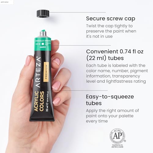 ARTEZA Acrylic Paint Set, 24 Colors, 22 ml / 0.74 oz Tubes, High-Viscosity