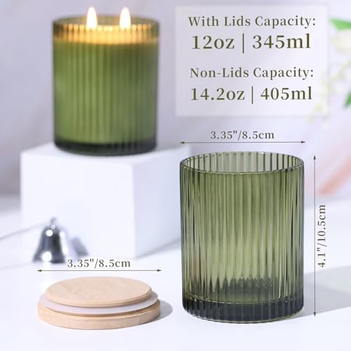 14OZ Olive Green Glass Candle Jars for Making Candles, 6 Pack - Empty Candle Jars Bulk with Bamboo Lids and Accessories, Ribbed Candle Vessels Containers for Candle Making