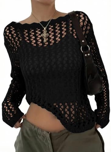 EVALESS Crochet Tops for Women Long Sleeve Hollow Out Knit Sweaters