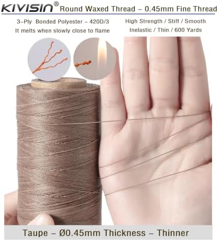 Round Waxed Thread, 600 Yards, 0.45mm, Taupe, Thin Bonded Polyester Wax Cord String for Leather Sewing, Upholstery, Bookbinding, Micro Knotting, Bracelet and Macrame Jewelry Making