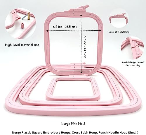 Nurge Square Embroidery Hoop - Plastic Cross Stitch Frame for Needlepoint & Embroidery - Adjustable Craft Hoop - Pink - No:2 (Small)