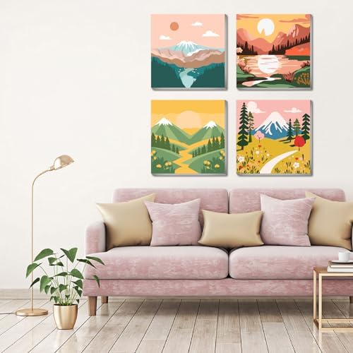 FQOVKYN 4 Packs Paint by Numbers Kit for Adults with Frame, DIY Landscape Adult's Paint by Number on Canvas, Mountain Oil Painting Kits for Home Wall Decor 8x8 Inch