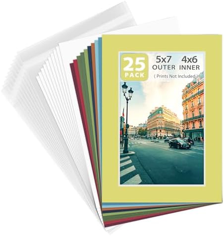 Golden State Art 25 Pack Mixed Color Picture Mats 5x7 for 4x6+Backing+Bags