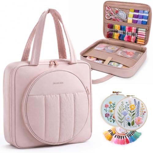Puffy Embroidery Project Bag, Quilted Embroidery Floss Organizer for Hoops up to 11", Cross Stitch Project Storage Case for Needlepoint Project, Thread & Stitch Tools