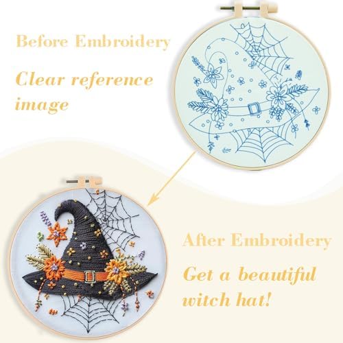 Floral Witch Hat Embroidery Kit Halloween Cross Stitch Material Set with Bat Skull Flower Pumpkin Patterns, DIY Hand Needlepoint Embroidery Craft Kit for Beginners Professional (Spooky Skeleton)