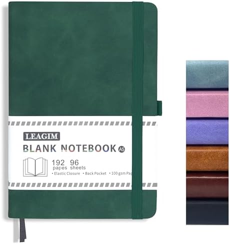 Blank Journal Notebook, A5, 192 Pages 100 GSM Thick Sketch Book for Women Men, Hardcover Leather Unlined Journaling for Work, Notebooks for Writing, 5.8 inches x 8.5 inches (Dark Green)