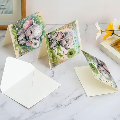 AiYuanzsh 6 Pack Diamond Art Greeting Card Kits with Envelopes, Special Shaped Diamond Painting Cards, DIY Rhinestone Diamond Art Cards for Birthday Christmas Holiday (Elephant and Dandelion)