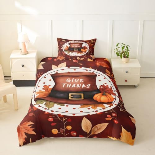 Erosebridal Thanksgiving Hat Duvet Cover Toddler Size Watercolor Fall Maple Bedding Set for Kids Boys Girls Autumn Pumpkin Comforter Cover Rustic Harvest Bedclothes Room Decor