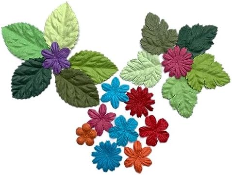 200 Pcs Handmade Mixed Mulberry Paper Flowers Petals and Leaves Scrapbooking Wedding DIY Craft Supplies Card (10 Colors Flowers/Green Tone Leaves)
