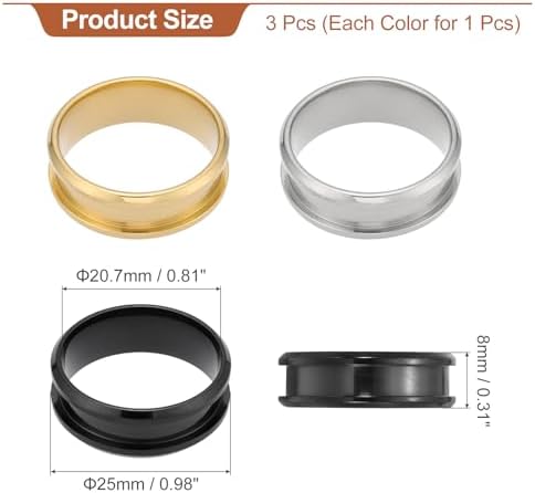 MECCANIXITY 3 Pcs Titanium Steel Ring Blank, 8mm Width Grooved Inlay Ring Blanks for Jewelry Making DIY Craft Supplies(Black/Gold/Silver, Size 11)