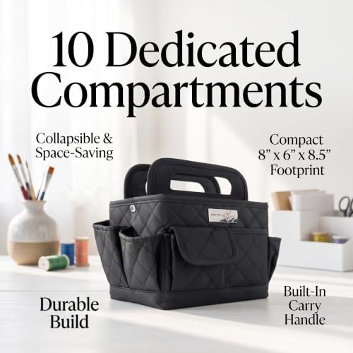 Everything Mary Desktop Tote Organizer – Black Quilted Craft Caddy – Portable Storage Bag for Scrapbooking, Sewing, Art Supplies & DIY Creative Tool Organization