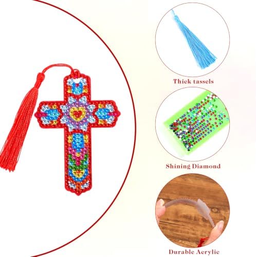 4 Pcs Cross 5d Diamond Art Bookmarks, DIY Acrylic Crystal Christian Bookmark with Tassel, Handmade Crafts Religious Book Mark Gift for Book Lovers Women Girls Teenagers Creative Decor