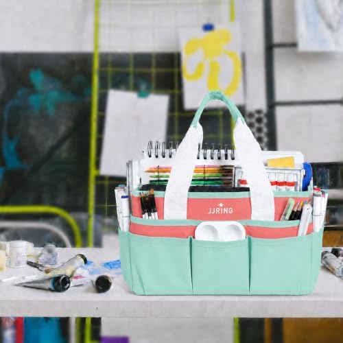 JJRING Craft Organizer Tote Bag Art Storage Caddy Green and Orange | With Multiple Pockets For Sewing, Scrapbooking, School, Medical, And Office Supplies
