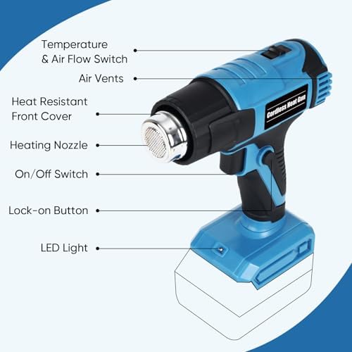 Cordless Heat Gun for Makita 18V Battery – 380W Portable Hot Air Gun for DIY Shrink Wrap, Vinyl Wrap & Crafting | Dual Temp 572°F/1022°F, 4 Nozzles, LED Light | Tool Only, Not Made by Makita