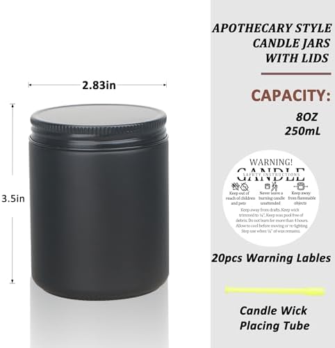 MILIVIXAY 20 Pack 8 OZ Thick Glass Matte Black Candle Jars with All Black Metal Lids-Bulk Empty Candle Jars for Making Candles-Canning Jar for Spice, Liquid, Sample- Dishwasher Safe.