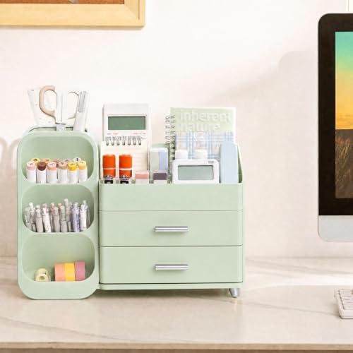 HBlife Desk Organizer with Pen Pencil Holder for Desk, Pen Organizer with 2 Drawers, Desk Organizers and Accessories with 4 Compartments, Desktop Storage for Office Home School Art Supplies, All Green