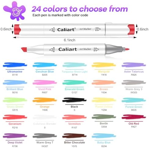 Caliart Alcohol Markers 24 Colors Coloring Markers Fine & Chisel Dual Tip | Non-Toxic Permanent Pens for Adults Coloring Book Beginners Sketch Illustration Painting Drawing School Supplies Art Gifts