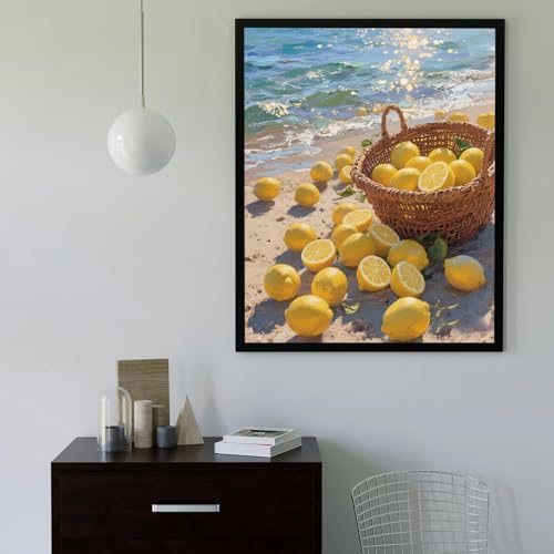 Lemon Paint by Numbers Kit for Adults,DIY Fruit and Beach Scenery Watercolor Painting Kit for Adult Beginners,Unframed Landscape Acrylic Paint by Number Kits Art Craft for Home Wall Decor 16X20 Inch.