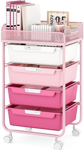 SYKIARIOL 4-Drawer Rolling Storage Cart with Mesh Top, Rose Pink