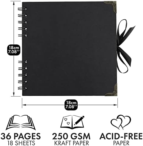 Scrapbook Album, 36 Pages, 7 x 7 Inch, Black Photo Album, Scrap Book | Hardcover with Thick 250 GSM Kraft Paper, Ideal for Your Scrapbooking Albums, Art & Craft Projects (Black, 7 x 7 Inch)