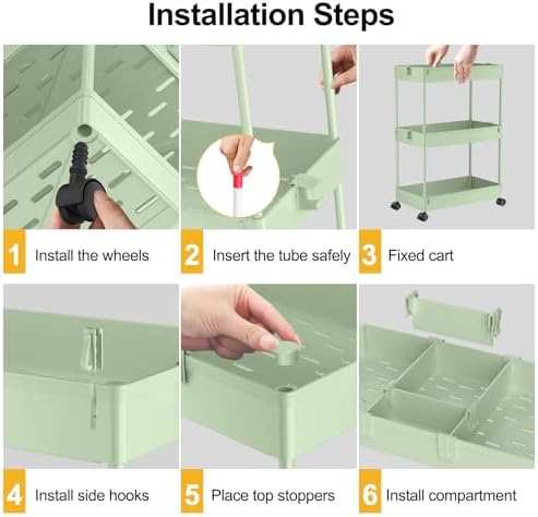 SPACELEAD 3 Tier Rolling Cart with Wheels, Storage Craft Art Trolley Organizer Serving, 3 Hanging Baskets Easy Assembly, for Office, Living Room, Kitchen, Green