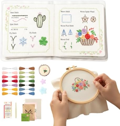 Beginner Embroidery Stitch Book Kit with Fabric Pages, 32 Essential Stitches, All-in-One Hand Embroidery Book for Adults & DIY Craft Lovers, with sewing kit, Needles & Tools, Drawstring Bag