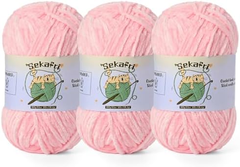3 Pack of 300g (590yds) Fuzzy Chenille Yarn for Crocheting,Fluffy Amigurumi Crochet Yarn for DIY Craft/Hat/Clothes, Soft Velvet Baby Blanket Yarns（3 Light Pink）