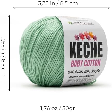 Keche Baby Cotton, 60% Cotton 40% Acrylic Yarn, Soft Cotton Yarn for Crochet and Knitting, Amigurumi Yarn 1 Skein/Ball 1.76 Oz (50g) / 180 Yrds (165m) - Seafoam Green