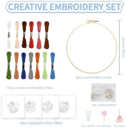 FREEBLOSS 4 Sets 11.6" Embroidery Kit for Beginners Dragon Stamped Patterns