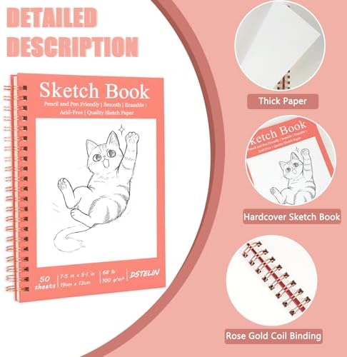 DSTELIN 2 Pack Hardcover Sketchbooks (100 GSM Sketch Paper), 7.5x5.1 Inch Spiral Sketch Book for Sketching, Drawing, Painting, 50 Sheets per Pack, Pink and Green