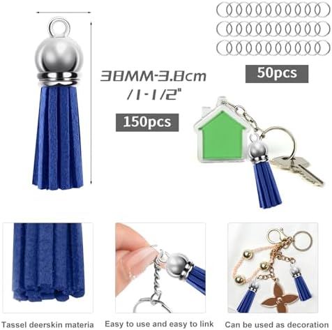 Tassels for Jewelry Making 150 Pieces Multicolor Leather Tassels Bulk 38mm Silver Cap Keychain Charms with 50pcs Jump Rings for DIY Jewelry Keychain Blanks Bracelet Crafting Supplies