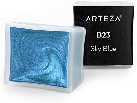 Arteza Metallic Watercolor Paint, Sky Blue A716, Set of 2 Half Pans, Pearl Paint, Vibrant and Pearlescent Hues, For Illustrations, Calligraphy, Painting