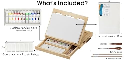 LUCYCAZ Art Easel for Painting,Pine-Wood Portable Easel Stand for Kids | Tabletop Painting Easel Set for Artists with Canvas, Acrylic Paints, Brushes, Palette and Palette Knives for Adults Beginners