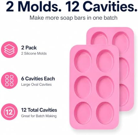 Oval Silicone Soap Mold 2 Pack, 6-Cavity Large Soap Making Molds for Handmade Soap, Lotion Bars, Chocolate, Candy, Candles, Bath Bombs & DIY Crafts