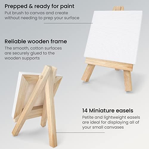 ARTEZA Small Canvases for Painting with Easels, Pack of 14, 3 x 3 Inches, Blank White Canvas for Painting, Art Supplies for Acrylic, Oil and Gouache