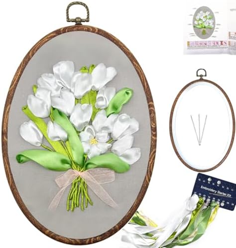 FONNUY Ribbon Embroidery 3D Flowers Pattern Design Kit Embroidery DIY Handwork Set Oval Home Decoration (White Tulip)
