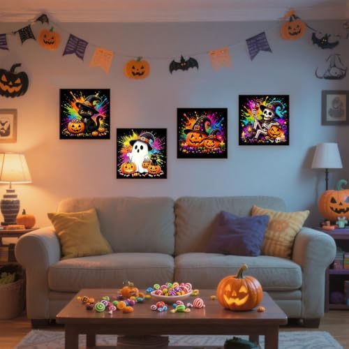 SUJINMEI 4 Pack Halloween Paint by Numbers Kit for Kids with Frame 8x8 inch