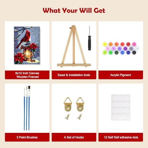 MOGTAA Christmas Paint by Numbers Kit for Adults Beginners with Frame, Christmas Cardinal Adult Paint by Number Kits on Canvas with Easel, Easy DIY Winter Oil Painting Kits for Home Decor, 8x12in