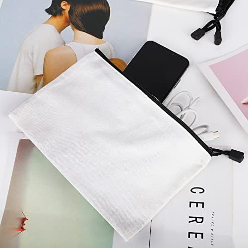 12 Pack DIY Craft Cotton Canvas Bag, Multi-Purpose Cosmetic Bag Makeup Pouches with Zipper Travel Toiletry Bag (XS, white)