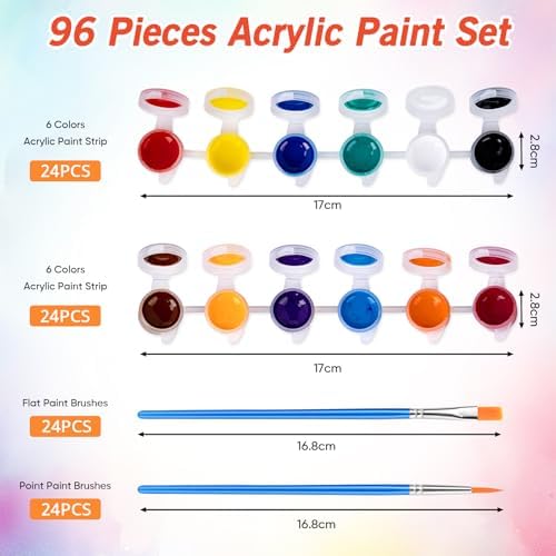 24 Pack Mini Acrylic Paint Set, 12 Colors Acrylic Paint Strips with 48 Brushes, Washable Paint for Kids & Adults Craft, 336 PCS Painting kit for Easter Eggs, Birthday, Party Favor, Classroom Art Gifts