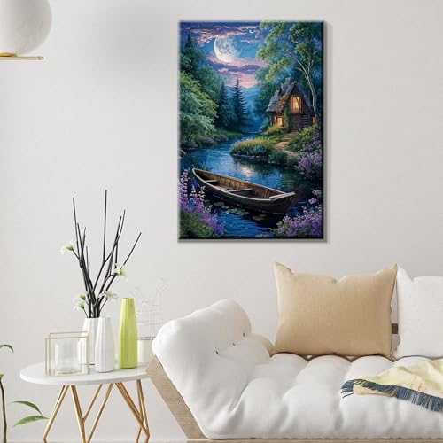 ATDMS Landscape Paint by Numbers Kit for Adult with Easel DIY Cabin Paint by Number with Frame Lake House Digital Oil Painting Kits for Wall Hanging Home Room Decor 7.87x11.81 Inch