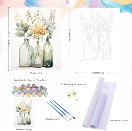 Natuyalo Paint by Numbers Kit for Adults - Flowers in Bottle DIY Adult Paint by Number Kits Acrylic Canvas Painting for Adults Beginners Kids Art Crafts Without Frame, 16x20 Inch